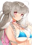  1girl ahoge azur_lane bare_shoulders bikini blue_bikini braid braided_bun breasts choker cleavage collarbone double_bun formidable_(azur_lane) formidable_(the_lady_of_the_beach)_(azur_lane) grey_hair hand_up hasegawa_(rarairairai) highres holding holding_hair large_breasts long_hair looking_at_viewer red_eyes simple_background solo swimsuit twintails upper_body white_background 