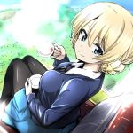  1girl bangs blonde_hair blue_eyes chair cup darjeeling girls_und_panzer grass ground long_sleeves looking_at_viewer nakahira_guy necktie pantyhose school_uniform sitting skirt smile solo st._gloriana&#039;s_school_uniform sweater tea teacup 