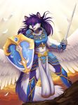  2019 anthro armor black_nose blue_eyes canid canine canis clothed clothing detailed_background digital_media_(artwork) feathered_wings feathers female hair hi_res holding_object holding_sword holding_weapon ketty-leopardess mammal melee_weapon open_mouth purple_hair shield solo standing sword teeth tongue weapon wings wolf 