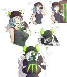  5_fingers absurd_res anthro better_version_at_source beverage big_breasts black_skin blue_hair breasts clothed clothing corruption critnuke demon digital_media_(artwork) energy_drink female fingers green_eyes hair hat headgear headwear hi_res horn human human_to_humanoid humanoid humanoid_pointy_ears long_hair looking_at_viewer mammal monster-chan monster_energy nipples not_furry nude open_mouth sharp_teeth simple_background smile solo standing surprise teeth tongue transformation white_hair 