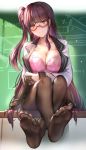  1girl bangs blush bra breasts brown_gloves brown_legwear collarbone crossed_ankles desk eyebrows_visible_through_hair feet finger_gloves girls_frontline glasses gloves hair_ribbon half_updo holding holding_shoes jacket large_breasts long_hair looking_at_viewer on_desk one_side_up pantyhose pink_bra purple_hair qian_wu_atai red-framed_eyewear red_eyes ribbon semi-rimless_eyewear shoes shoes_removed sidelocks sitting skirt solo toes under-rim_eyewear underwear very_long_hair wa2000_(girls_frontline) white_jacket 