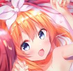  3girls :d amedamacon arm_up artist_name bangs bare_shoulders blue_eyes blush collarbone commentary_request dutch_angle eyebrows_visible_through_hair fingernails go-toubun_no_hanayome hair_between_eyes hair_ribbon highres holding_hands interlocked_fingers looking_at_viewer lying multiple_girls nakano_itsuki nakano_yotsuba on_back open_mouth orange_hair out_of_frame red_hair ribbon signature smile solo_focus star strapless white_ribbon 