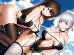  2girls absurdres alternate_costume ass azur_lane bare_arms bare_shoulders black_panties blue_eyes blue_sky breasts breasts_apart brown_hair brown_legwear cleavage closed_mouth cloud collarbone criss-cross_halter day dutch_angle hair_between_eyes halterneck hand_up higandgk highres large_breasts leaning_forward long_hair looking_at_viewer multiple_girls navel one_side_up outdoors panties red_eyes revealing_clothes shoukaku_(azur_lane) sky smile thighhighs underwear very_long_hair white_hair white_legwear white_panties zuikaku_(azur_lane) 