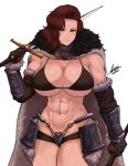  1girl abs airisubaka armor artist_name bare_shoulders bikini_top blush breasts cleavage cloak cowboy_shot eyebrows_visible_through_hair fur-trimmed_cloak fur_trim gloves highres holding holding_sword holding_weapon large_breasts long_hair looking_at_viewer muscle muscular_female navel original over_shoulder signature simple_background smile solo standing stomach sword sword_over_shoulder toned weapon weapon_over_shoulder white_background 