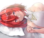  1girl ange_katrina blue_eyes blurry blush closed_mouth collarbone commentary depth_of_field hair_intakes highres jewelry looking_at_viewer lunateelf lying necklace nijisanji on_side red_hair shirt short_hair simple_background sleeveless solo upper_body virtual_youtuber white_background white_shirt 