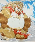  2019 anthro belly brown_fur bulge canid canine clothing cute_fangs fundoshi fur goemon_(tas) hi_res humanoid_hands japanese_clothing male mammal moobs navel nipples outside overweight overweight_male raccoon_dog solo suishou0602 tanuki tokyo_afterschool_summoners underwear video_games water wet 