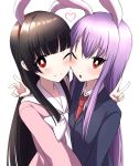  2girls :o animal_ears arm_around_shoulder bangs black_hair blunt_bangs bright_pupils bunny_ears cheek-to-cheek closed_mouth collared_shirt commentary_request eyebrows_visible_through_hair fake_animal_ears hairband heart highres hime_cut houraisan_kaguya hug imperishable_night jacket lavender_hair long_hair looking_at_viewer multiple_girls necktie one_eye_closed open_mouth red_eyes red_neckwear reisen_udongein_inaba shirt sidelocks simple_background smile straight_hair touhou tsukimirin v white_background white_pupils 
