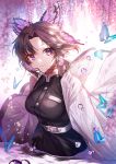  1girl apple_caramel bangs belt black_hair breasts bug butterfly butterfly_hair_ornament commentary_request hair_ornament highres insect japanese_clothes kimetsu_no_yaiba kochou_shinobu long_sleeves looking_at_viewer parted_bangs purple_eyes purple_hair short_hair solo white_belt 