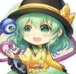  1girl :d bangs black_headwear blush bow chibi circle commentary_request eyebrows_visible_through_hair frilled_shirt_collar frilled_sleeves frills green_eyes green_hair green_skirt hair_between_eyes hat hat_bow heart heart_of_string komeiji_koishi long_sleeves open_mouth shangguan_feiying shirt short_hair sidelocks simple_background skirt smile solo third_eye touhou upper_body white_background wide_sleeves yellow_bow yellow_shirt 