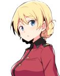  1girl bangs blonde_hair blue_eyes chikuwa_(majihima) coat darjeeling girls_und_panzer looking_to_the_side open_mouth red_coat simple_background solo st._gloriana&#039;s_military_uniform white_background 