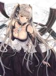  1girl absurdres azur_lane bangs bare_shoulders between_breasts black_dress blush breasts cleavage clock collarbone dress earrings eyebrows_visible_through_hair flight_deck formidable_(azur_lane) frilled_dress frills grey_hair hair_ribbon hand_on_own_chest head_tilt highres jewelry large_breasts long_hair long_sleeves looking_at_viewer na_kyo red_eyes ribbon rigging solo twintails two-tone_dress 