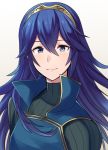  1girl a_meno0 blue_eyes blue_hair blush cape fingerless_gloves fire_emblem fire_emblem_awakening gloves hair_between_eyes hair_ornament long_hair looking_at_viewer lucina_(fire_emblem) simple_background smile solo tiara 