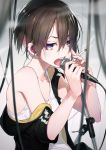  1girl black_jacket breasts brown_hair cable cigarette earrings jacket jewelry looking_at_viewer microphone_stand nilitsu open_mouth original purple_eyes shirt short_hair small_breasts smoke smoking solo tank_top white_shirt 