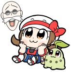  1boy 1girl :3 bag bkub blush bow brown_eyes brown_hair chibi chikorita eyebrows_visible_through_hat facial_hair gen_2_pokemon glasses gym_leader hat hat_bow head_rest katsura_(pokemon) kotone_(pokemon) mustache open_mouth overall_shorts overalls pokemon pokemon_(creature) pokemon_(game) pokemon_hgss red_bow simple_background sitting thighhighs white_background white_headwear white_legwear 