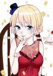 1girl bangs blonde_hair blue_eyes breasts cake cleavage collarbone cream darjeeling dress food food_on_face fruit gabgabznzo-go girls_und_panzer gloves happy_birthday hat highres looking_at_viewer see-through sitting smile solo strawberry tongue 