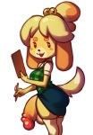  2019 animal_crossing anthro balls big_balls big_penis borvar breasts butt canid canine canis clothed clothing domestic_dog flaccid fur gynomorph hair hi_res huge_penis humanoid_penis intersex isabelle_(animal_crossing) mammal nintendo open_mouth pen penis shih_tzu simple_background solo toy_dog video_games yellow_fur 