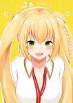  .live 1girl :d absurdres bangs blonde_hair blush braid breasts cleavage dogxfish green_eyes hair_between_eyes highres japanese_clothes kongou_iroha large_breasts long_hair long_sleeves looking_at_viewer open_mouth simple_background smile solo twintails very_long_hair virtual_youtuber yellow_background 