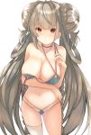  1girl ahoge alternate_costume azur_lane bangs bikini blue_bikini blush braid breasts choker cleavage double_bun embarrassed formidable_(azur_lane) formidable_(the_lady_of_the_beach)_(azur_lane) highres large_breasts light_brown_hair long_hair looking_at_viewer navel red_eyes ribbon shibaebi_(yasaip_game) sidelocks simple_background single_thighhigh solo swimsuit thighhighs untied untied_bikini very_long_hair white_background 