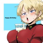  1girl aono3 balancing bangs blonde_hair blue_eyes blush braid breasts coat darjeeling girls_und_panzer happy_birthday open_mouth red_coat simple_background solo st._gloriana&#039;s_military_uniform sweatdrop v-shaped_eyebrows 