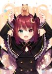  1girl :d ahoge amahara_pekozaemon animal animal_on_head arms_up bangs bat_hair_ornament black_capelet black_dress blue_eyes blush buttons capelet character_name commentary_request crescent crescent_hair_ornament demon_girl demon_horns demon_wings dress eyebrows_visible_through_hair fang frilled_capelet frilled_sleeves frills hair_between_eyes hair_ornament hamster hands_up heterochromia highres horns long_hair long_sleeves looking_at_viewer nijisanji on_head open_mouth red_eyes red_hair smile solo star two_side_up upper_body virtual_youtuber wings yuzuki_roa 