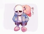  1boy 1other blue_eyes bone grin hood hoodie jacket kirby kirby_(series) male_focus open_mouth sans shiburingaru shirt shorts simple_background skeleton slippers smile super_smash_bros. teeth undertale 