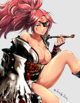  1girl artist_name baiken bangs breasts brown_eyes cleavage commentary_request facial_mark grey_background guilty_gear hair_ornament highres holding holding_pipe jacket koda1ra large_breasts long_hair looking_at_viewer off-shoulder_jacket parted_lips pipe ponytail red_hair simple_background solo torn_clothes 