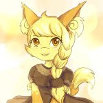  1:1 2018 accessory amber_eyes anthro banoffee_(unknownlifeform) black_clothing black_dress braided_hair breasts clothed clothing digital_media_(artwork) dress eyelashes fangs female fur hair hair_accessory hair_ring hi_res open_mouth simple_background single_braid solo star_eyes unknownlifeform yellow_fur 