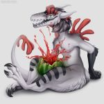  1:1 3_toes anthro black_hair crush fingers food fruit fur grey_fur hair hi_res male melon plant simple_background solo toes watermelon white_background zazush-una 