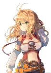  1girl ahoge bangs blonde_hair blush breasts fiorun gloves green_eyes large_breasts long_hair navel short_hair simple_background smile solo thighhighs umika35 white_background xenoblade_(series) xenoblade_1 