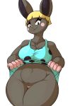  animal_crossing anthro blonde_hair blush bonbon_(animal_crossing) bottomless breasts clothed clothing danonymous female fur hair hi_res lagomorph leporid mammal nintendo pussy rabbit simple_background smile solo video_games wide_hips 