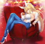  1girl animal_ears artoria_pendragon_(all) artoria_pendragon_(swimsuit_ruler)_(fate) aster_crowley bangs blonde_hair blue_legwear blue_neckwear blush braid breasts bunny_ears bunnysuit card cleavage detached_collar fate/grand_order fate_(series) feather_boa fishnet_pantyhose fishnets french_braid green_eyes hair_between_eyes high_heels highleg highleg_leotard highres large_breasts legs leotard long_hair looking_at_viewer navel_cutout pantyhose playing_card ponytail sidelocks smile solo thighs tiara white_leotard wrist_cuffs 