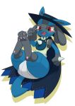  2019 absurd_res ambiguous_gender bib black_fur blue_fur blush bodily_fluids cape chest_spike clothing diaper fangs fur furgonomics hand_spike hat headgear headwear hi_res hindpaw legs_raised lucario mammal nintendo nyanyakotarou open_mouth pawpads paws pink_pawpads pok&eacute;mon pok&eacute;mon_(species) red_eyes simple_background sitting tears tongue video_games 