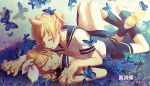  bangs bare_shoulders black_collar black_shorts blonde_hair blue_butterfly bow bug butterfly butterfly_on_arm butterfly_on_foot butterfly_on_hair butterfly_on_hand butterfly_on_leg collar commentary green_eyes hair_bow hair_ornament hairclip insect kagamine_len kagamine_rin knees_together_feet_apart knees_up leg_warmers legs_up lying lying_on_person necktie on_back one_eye_closed parted_lips sailor_collar school_uniform shirt short_hair short_ponytail short_sleeves shorts smile spiked_hair swept_bangs vocaloid w.r.b white_bow white_shirt yellow_neckwear 
