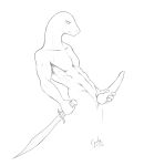  2019 animal_genitalia anthro big_penis digital_media_(artwork) falchion free_art genital_slit hi_res jakethegoat knot looking_at_viewer male masturbation melee_weapon muscular nude penis reptile scalie simple_background sketch slit snake sword weapon 