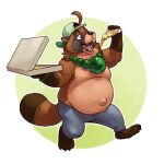  1:1 belly big_belly canid canine clothed clothing eating eclipticafusion eclipticafusion_(artist) food hi_res jewelry male mammal necklace open_mouth pizza raccoon_dog simple_background tanuki topless walking 