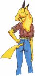  anthro blonde_hair clothed clothing female fur furgonomics hair looking_back nintendo pikachu pok&eacute;mon pok&eacute;mon_(species) rena_tamer simple_background solo video_games white_background yellow_fur 