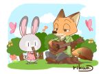  2016 anthro arthropod barefoot blush butterfly canid canine clothed clothing cloud disney dress duo female flower fox fur grass green_eyes guitar holding_musical_instrument holding_object insect judy_hopps lagomorph lepidopteran leporid male mammal musical_instrument musical_note nick_wilde outside plant playing_guitar playing_music rabbit recorder rikuo_(artist) signature sitting tree tree_stump vertical_bar_eyes zootopia 