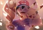  &gt;_&lt; 1boy 2019 animal animal_on_shoulder baseball_cap commentary double_v english_commentary happy_tears hat highres pikachu pokemon pokemon_(anime) pokemon_(creature) pokemon_sm139 pokemon_sm_(anime) satoshi_(pokemon) spoilers tears thiccwithaq trophy v 