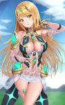 1girl bangs bare_shoulders blonde_hair blur blush breasts cleavage cleavage_cutout cloud elbow_gloves eyebrows_visible_through_hair gem gloves grass hair_ornament headpiece highres hikari_(xenoblade_2) jewelry large_breasts long_hair looking_at_viewer mountain nintendo open_mouth panties pose sky smile solo sssemiii swept_bangs thigh_strap tiara underwear very_long_hair wet white_panties xenoblade_(series) xenoblade_2 yellow_eyes 