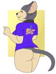  2019 amunet anthro bite biting_lip black_nose blue_eyes bottomless butt clothed clothing collar digital_media_(artwork) directional_arrow domestic_cat ear_piercing english_text felid feline felis female hairless_cat hi_res looking_back mammal multicolored_skin os piercing purple_clothing purple_topwear shirt simple_background solo sphynx_(cat) standing t-shirt teeth text topwear two_tone_skin 