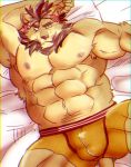  2019 abasirisippo abs anthro bed bedroom_eyes brown_hair bulge clothing felid hair half-closed_eyes kemono lion looking_at_viewer lying male mammal multicolored_hair muscular muscular_male navel nipples on_back pantherine pecs red_eyes red_hair seductive smile solo tongue tongue_out two_tone_hair underwear 