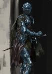  1other absurdres androgynous armor cloak covered_face fighting_stance full_armor gauntlets hand_on_hilt helmet highres nisetanaka plate_armor sheath sheathed solo souls_(from_software) sword weapon 