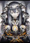  1girl bangs blurry blurry_background cable choker commentary_request cyborg gia headgear highres long_hair looking_at_viewer mechanical_hands original pale_skin signature silver_eyes silver_hair skull solo straight_hair tattoo 