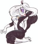  anthro black_fur breasts brown_eyes butt eyeshadow female fur hair half-closed_eyes makeup mammal mephitid nipples nude open_mouth pink_nose rena_tamer skunk solo striped_skunk white_fur white_hair 