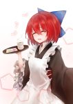  1girl absurdres bow closed_eyes dango food green_tea hair_bow highres musical_note red_hair safutsuguon sanshoku_dango sekibanki short_hair simple_background solo tea touhou tray wa_maid wagashi white_background 