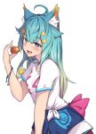  1girl ahoge animal_ear_fluff animal_ears blue_eyes blue_hair bow breasts cat_ears commentary_request copyright_request fang food gradient_hair green_hair hair_ornament hairclip hand_up highres holding holding_food ky_(ky990533) long_hair multicolored_hair open_mouth pink_bow shirt short_sleeves small_breasts solo star star_hair_ornament tied_shirt tongue tongue_out transparent_background very_long_hair white_shirt 