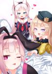  3girls :d ;p animal_ear_fluff animal_ears azur_lane bache_(azur_lane) bangs bare_shoulders black_dress black_headwear black_ribbon blush cat_ears closed_mouth commander_(azur_lane) commentary_request dress eyebrows_visible_through_hair fake_animal_ears fang forehead fur-trimmed_sleeves fur_trim gloves green_eyes hair_intakes hair_ribbon hand_up heart heart-shaped_pupils highres hobby_(azur_lane) jacket kirisame_mia light_brown_hair long_hair long_sleeves looking_at_viewer multiple_girls off_shoulder one_eye_closed open_mouth pants parted_bangs pink_hair purple_eyes red_neckwear ribbon sailor_collar sailor_dress sidelocks sims_(azur_lane) sitting sleeves_past_fingers sleeves_past_wrists smile symbol-shaped_pupils tilted_headwear tongue tongue_out trembling two_side_up very_long_hair white_gloves white_jacket white_pants white_sailor_collar yellow_jacket 