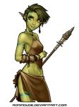  2016 breasts brown_hair female green_skin hair hi_res humanoid humanoid_pointy_ears markings melee_weapon navel nipple_outline not_furry orc piercing polearm ronindude simple_background smile solo spear weapon white_background 