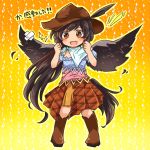  +_+ 1girl arms_up bandana bird_wings black_hair boots brown_eyes brown_footwear brown_headwear clenched_hands cowboy_boots cowboy_hat crossed_bandaids dress feathered_wings feathers full_body gradient gradient_background hat hat_feather horse_tail kurokoma_saki layered_dress long_hair looking_at_viewer open_mouth orange_background outline ponytail pote_(ptkan) solo sparkle_background standing tail torn_clothes torn_dress touhou translation_request very_long_hair wings yellow_background 