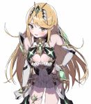  1girl blonde_hair blush breasts cleavage dress elbow_gloves epi_zero gloves hikari_(xenoblade_2) long_hair medium_breasts open_mouth simple_background solo very_long_hair white_background white_dress xenoblade_(series) xenoblade_2 yellow_eyes 